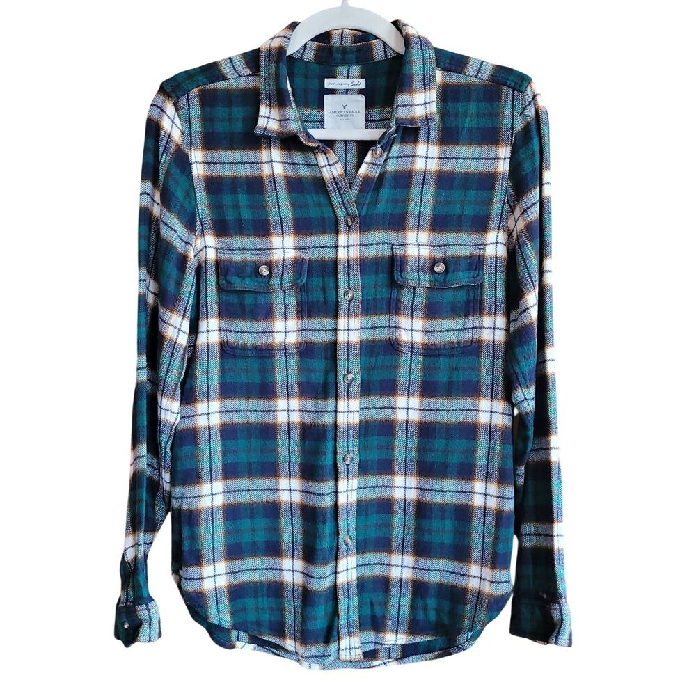 American Eagle Super Soft Flannel Shirt Women's M Plaid Button Up Green Blue